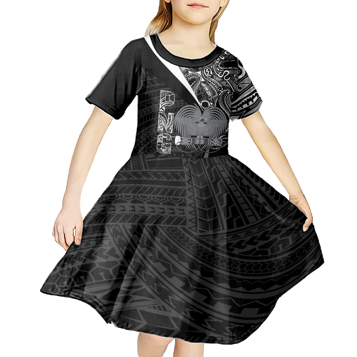 Custom Papua New Guinea Cricket Kid Short Sleeve Dress Tribal Bird of Paradise Tattoo