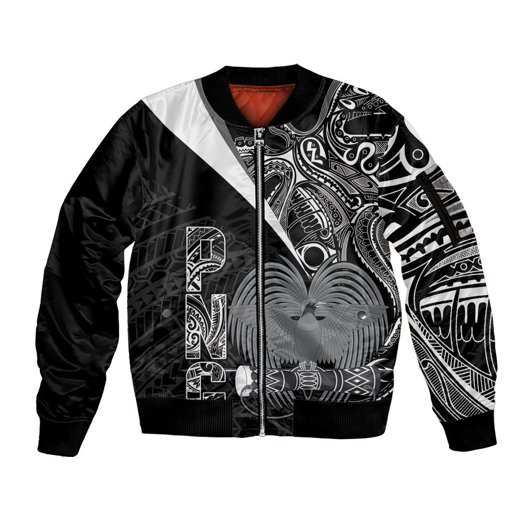 Custom Papua New Guinea Cricket Sleeve Zip Bomber Jacket Tribal Bird of Paradise Tattoo LT9 Unisex Black - Polynesian Pride