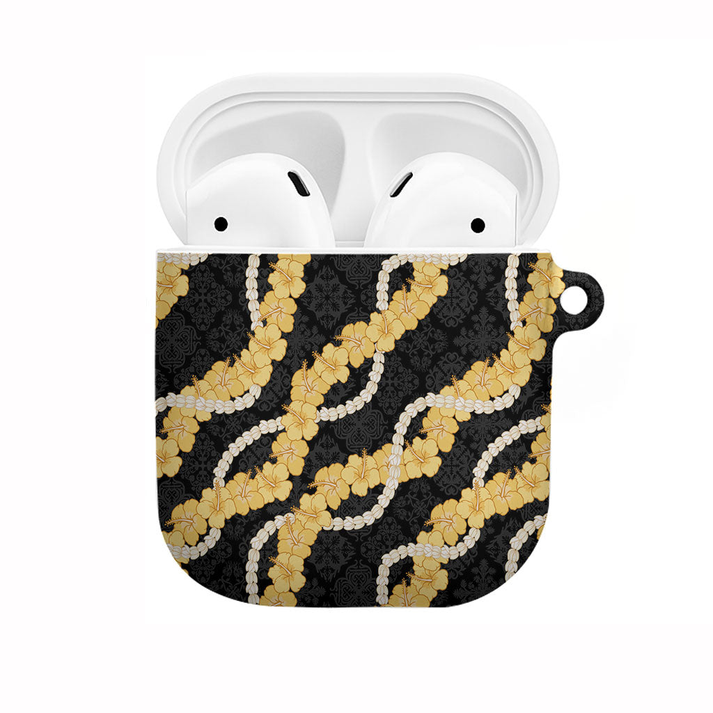 Aloha Melemele Hibiscus Pikake Lei AirPods Case Hawaiian Quilt Pattern LT9 Black - Polynesian Pride