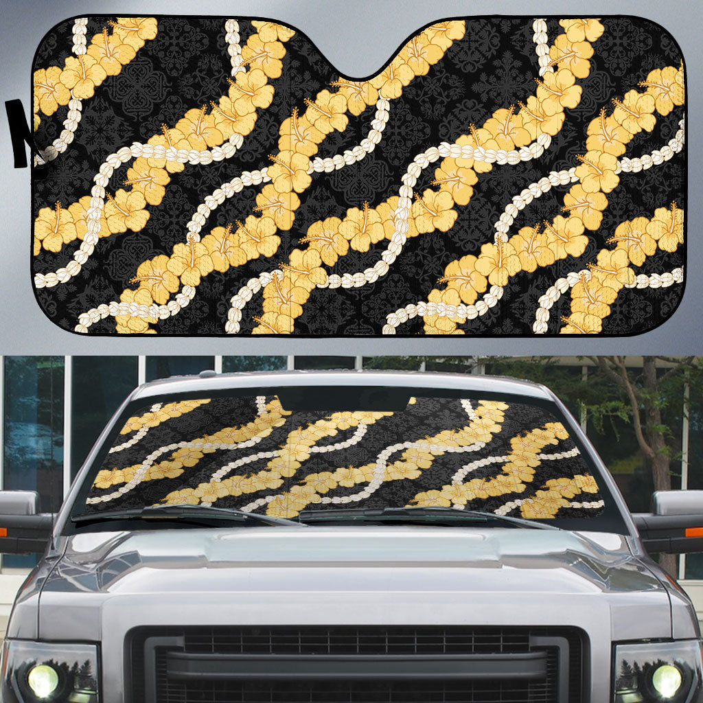 Aloha Melemele Hibiscus Pikake Lei Auto Sun Shade Hawaiian Quilt Pattern LT9 Black - Polynesian Pride