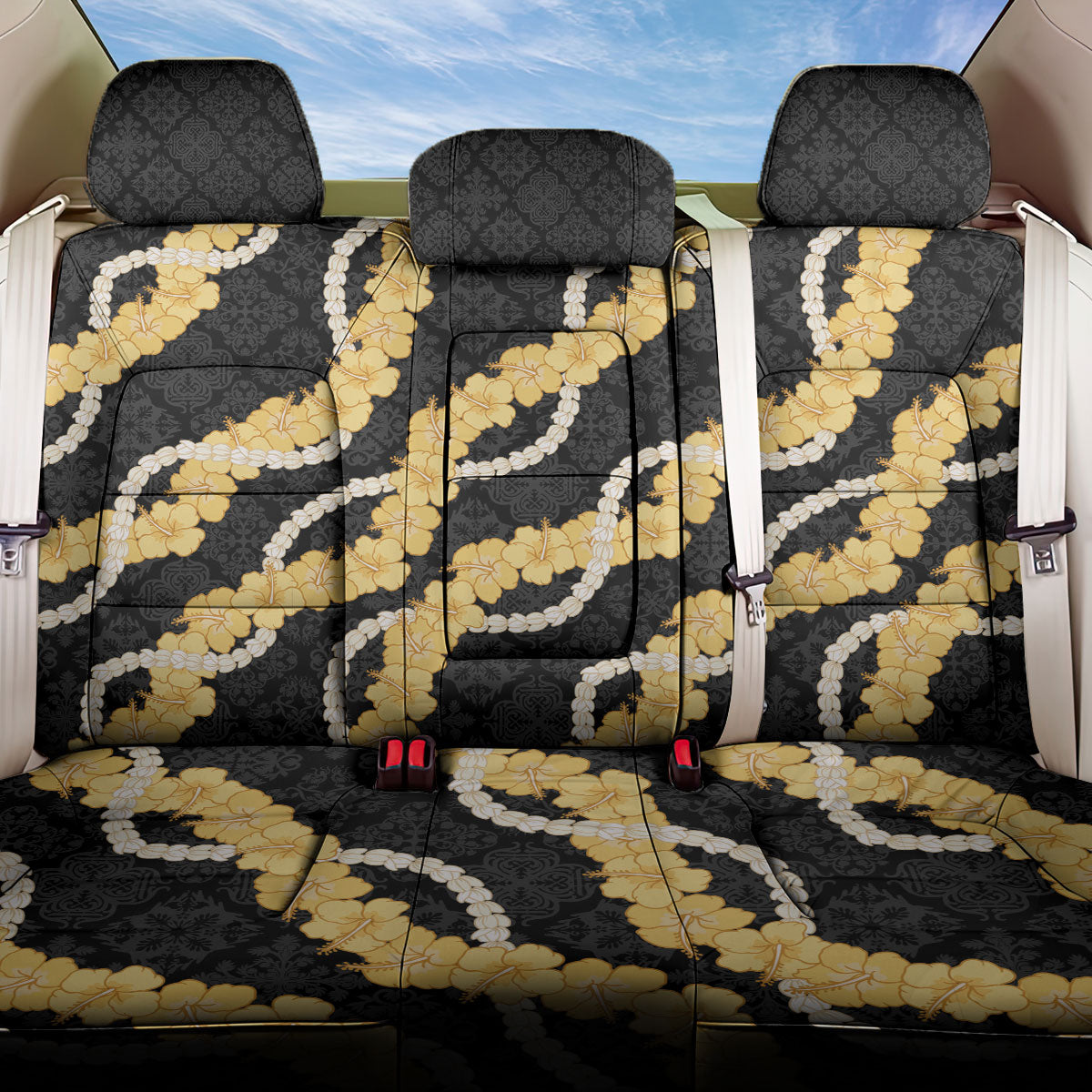 Aloha Melemele Hibiscus Pikake Lei Back Car Seat Cover Hawaiian Quilt Pattern LT9 One Size Black - Polynesian Pride