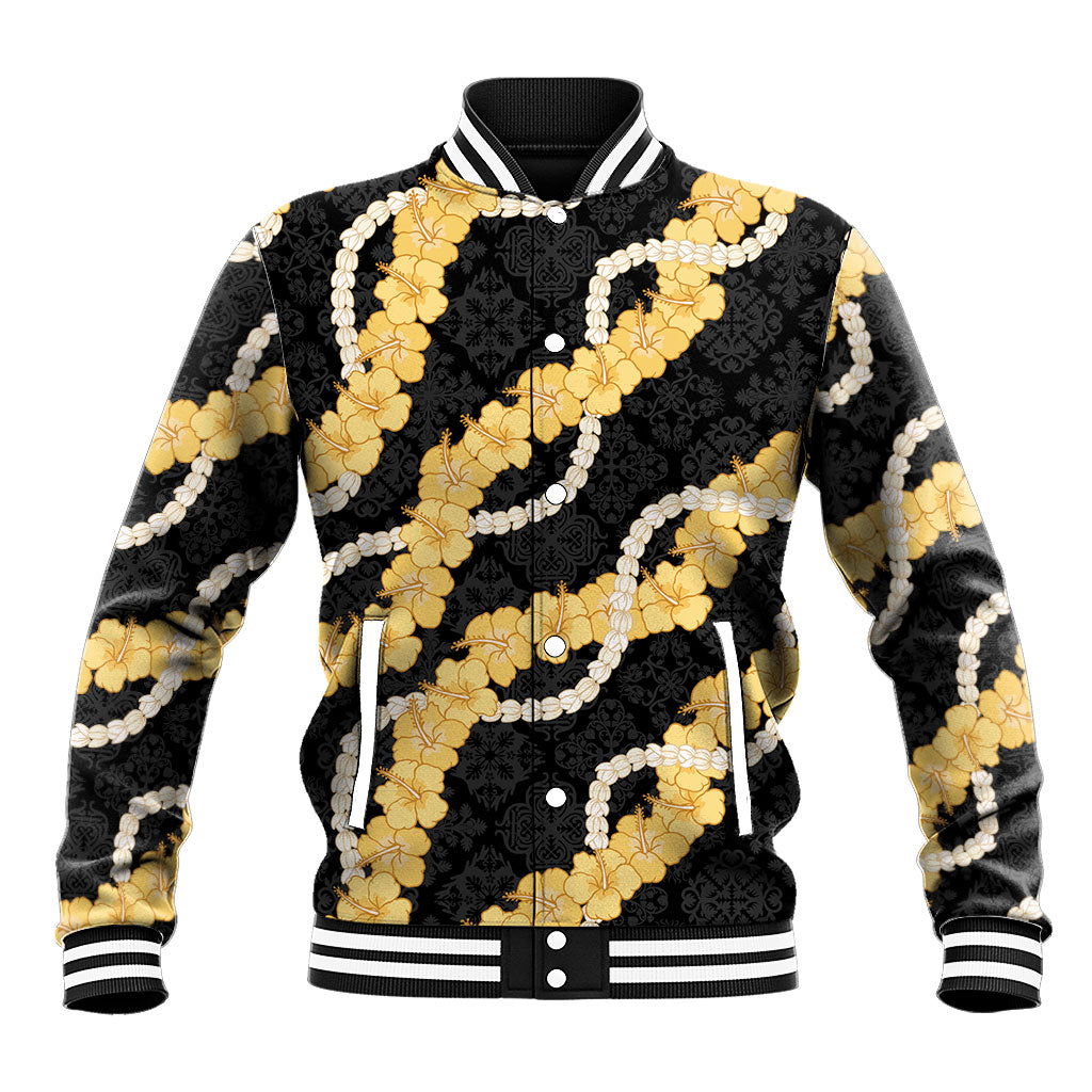 Aloha Melemele Hibiscus Pikake Lei Baseball Jacket Hawaiian Quilt Pattern LT9 Unisex Black - Polynesian Pride