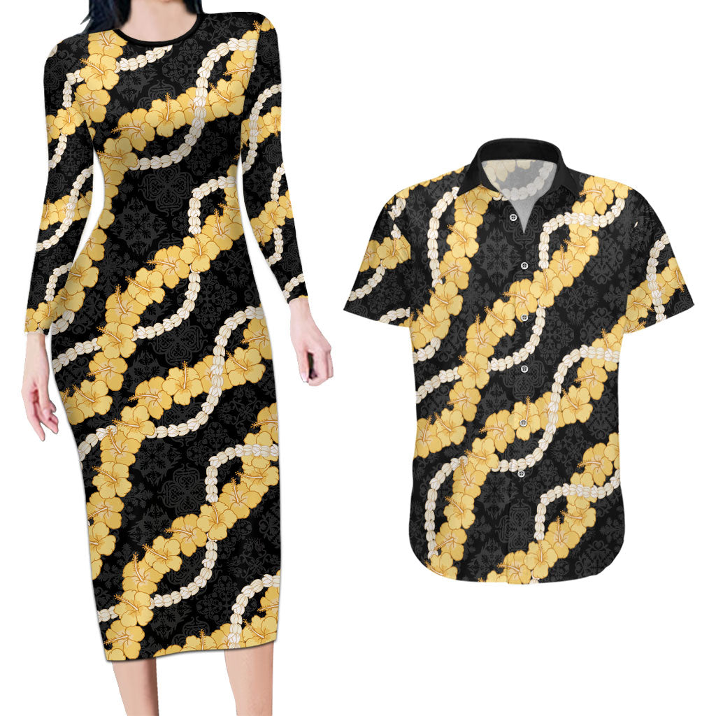 Aloha Melemele Hibiscus Pikake Lei Couples Matching Long Sleeve Bodycon Dress and Hawaiian Shirt Hawaiian Quilt Pattern LT9 Black - Polynesian Pride