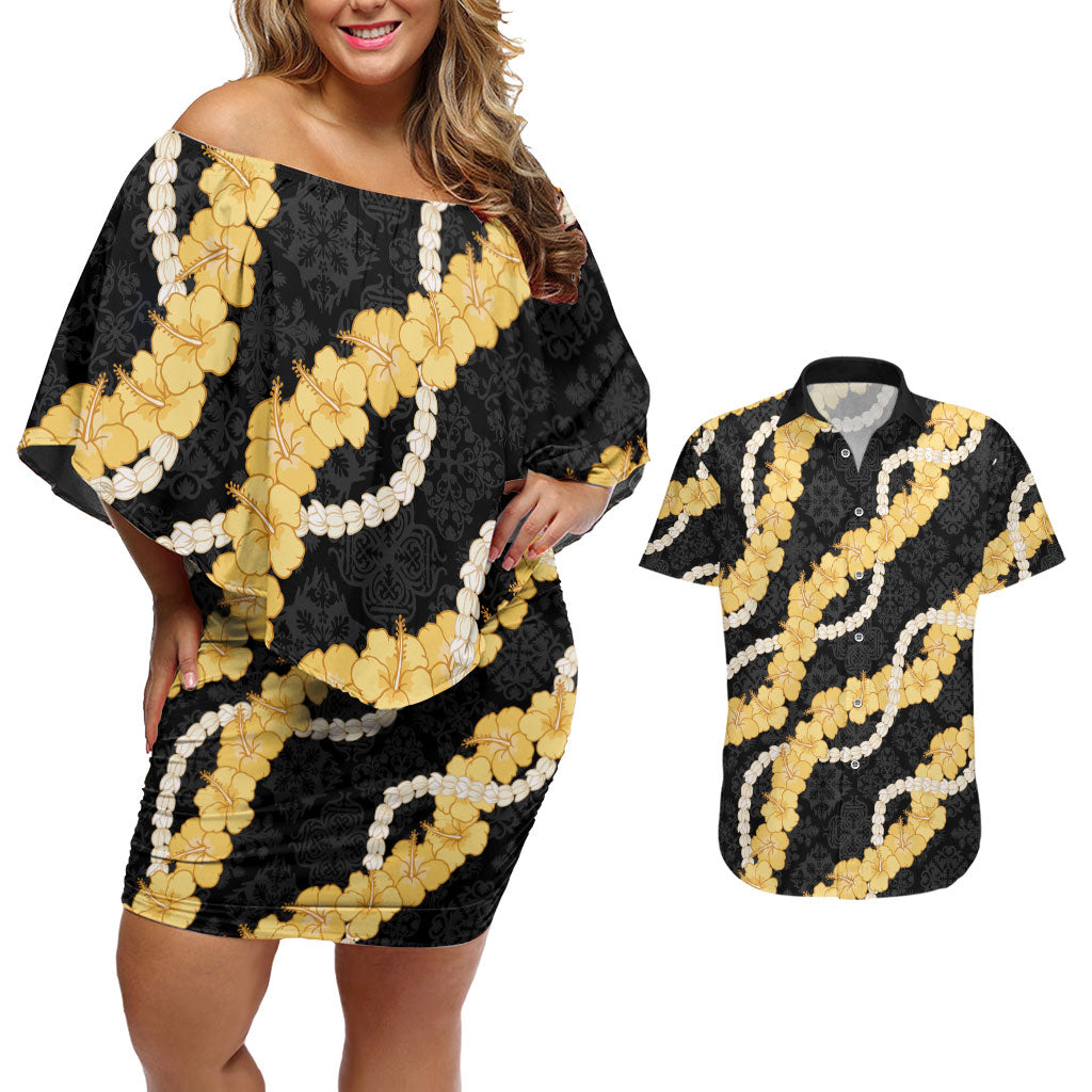 Aloha Melemele Hibiscus Pikake Lei Couples Matching Off Shoulder Short Dress and Hawaiian Shirt Hawaiian Quilt Pattern LT9 Black - Polynesian Pride