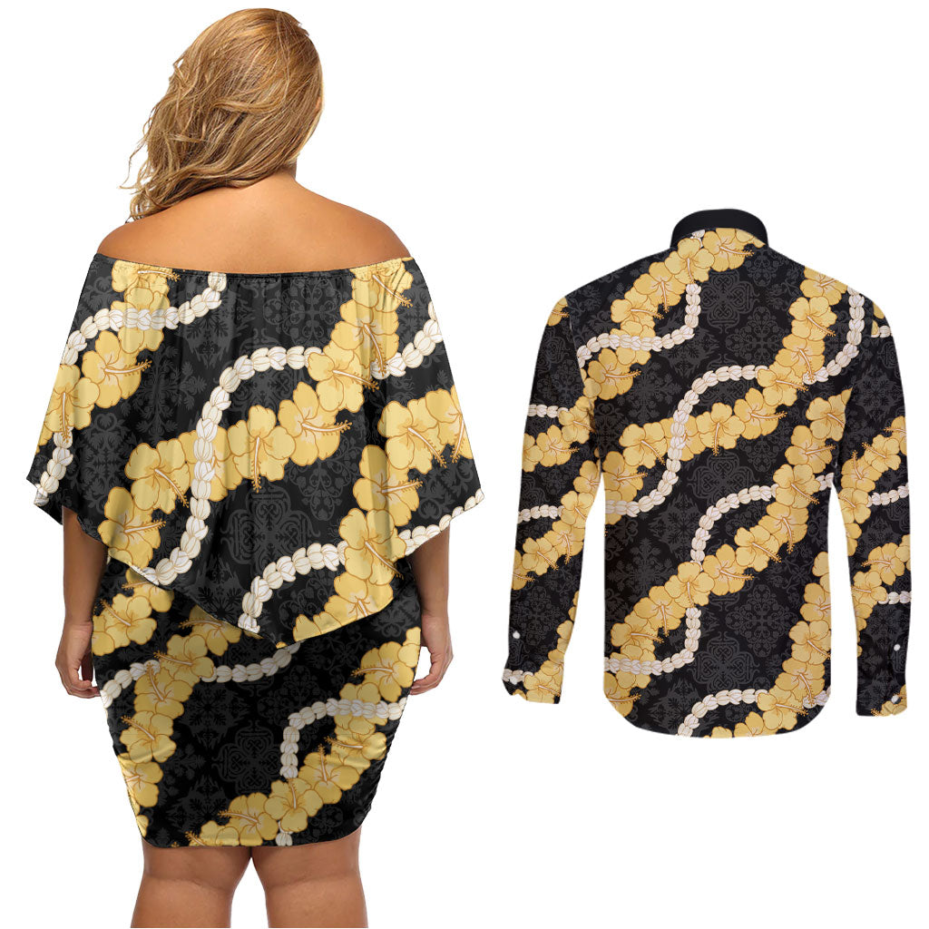 Aloha Melemele Hibiscus Pikake Lei Couples Matching Off Shoulder Short Dress and Long Sleeve Button Shirt Hawaiian Quilt Pattern LT9 - Polynesian Pride