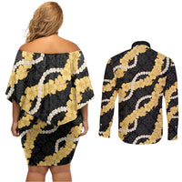Aloha Melemele Hibiscus Pikake Lei Couples Matching Off Shoulder Short Dress and Long Sleeve Button Shirt Hawaiian Quilt Pattern LT9 - Polynesian Pride
