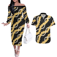 Aloha Melemele Hibiscus Pikake Lei Couples Matching Off The Shoulder Long Sleeve Dress and Hawaiian Shirt Hawaiian Quilt Pattern