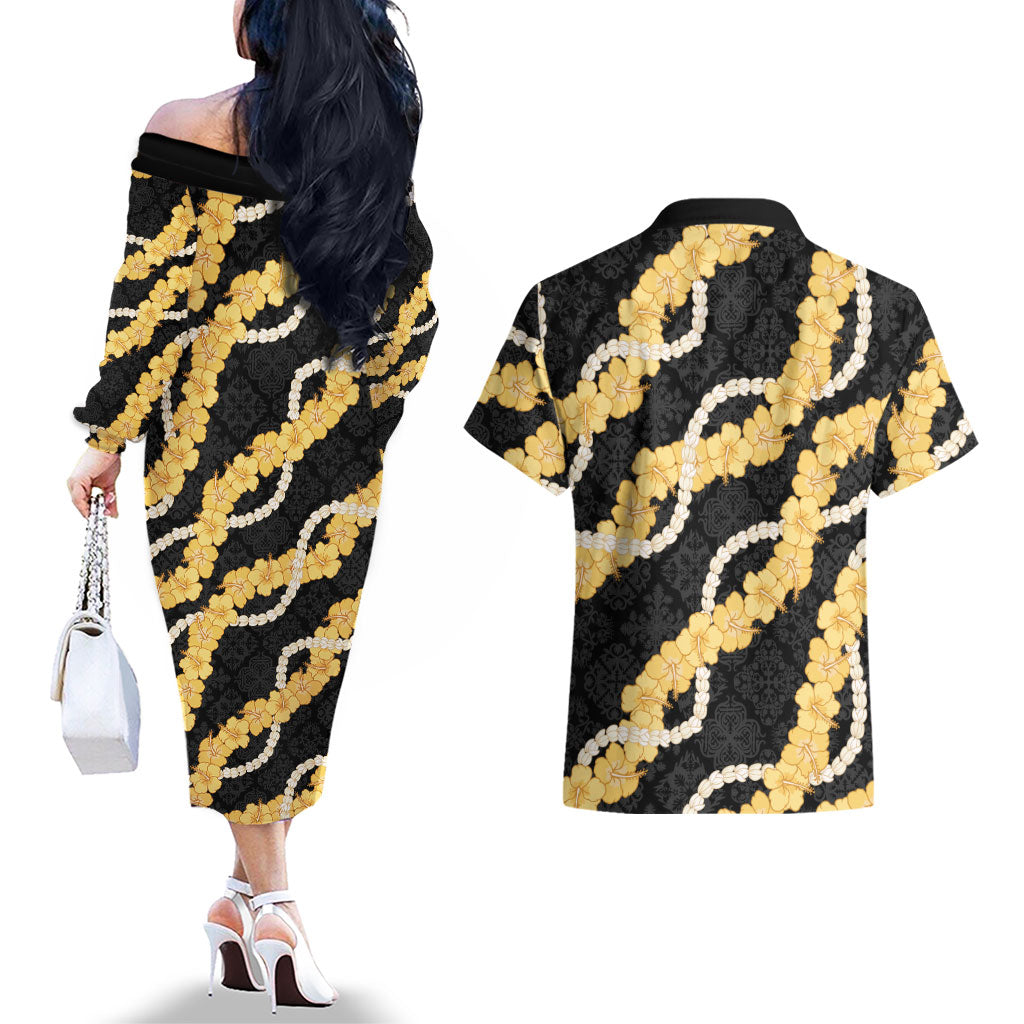 Aloha Melemele Hibiscus Pikake Lei Couples Matching Off The Shoulder Long Sleeve Dress and Hawaiian Shirt Hawaiian Quilt Pattern