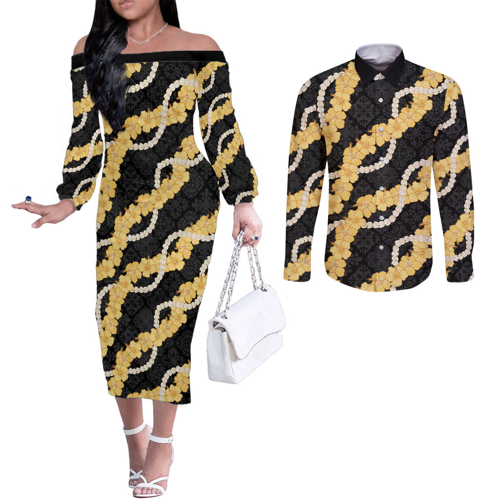 Aloha Melemele Hibiscus Pikake Lei Couples Matching Off The Shoulder Long Sleeve Dress and Long Sleeve Button Shirt Hawaiian Quilt Pattern
