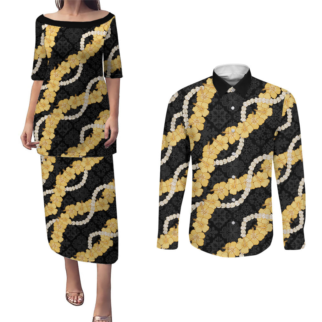 Aloha Melemele Hibiscus Pikake Lei Couples Matching Puletasi and Long Sleeve Button Shirt Hawaiian Quilt Pattern LT9 Black - Polynesian Pride
