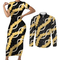 Aloha Melemele Hibiscus Pikake Lei Couples Matching Short Sleeve Bodycon Dress and Long Sleeve Button Shirt Hawaiian Quilt Pattern