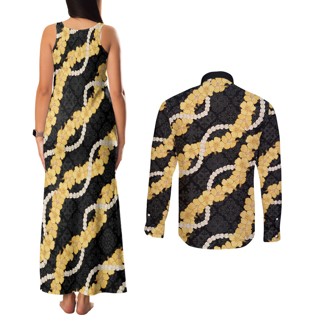 Aloha Melemele Hibiscus Pikake Lei Couples Matching Tank Maxi Dress and Long Sleeve Button Shirt Hawaiian Quilt Pattern