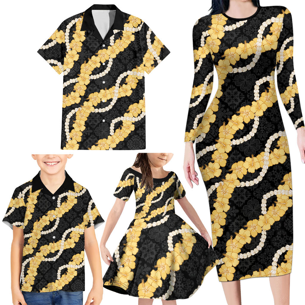 Aloha Melemele Hibiscus Pikake Lei Family Matching Long Sleeve Bodycon Dress and Hawaiian Shirt Hawaiian Quilt Pattern LT9 - Polynesian Pride