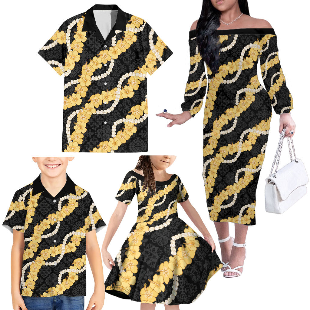 Aloha Melemele Hibiscus Pikake Lei Family Matching Off The Shoulder Long Sleeve Dress and Hawaiian Shirt Hawaiian Quilt Pattern LT9 - Polynesian Pride