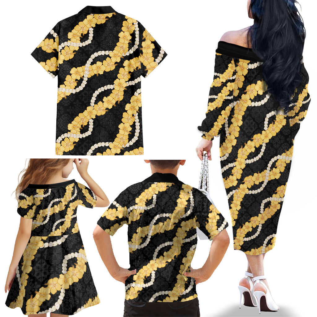 Aloha Melemele Hibiscus Pikake Lei Family Matching Off The Shoulder Long Sleeve Dress and Hawaiian Shirt Hawaiian Quilt Pattern