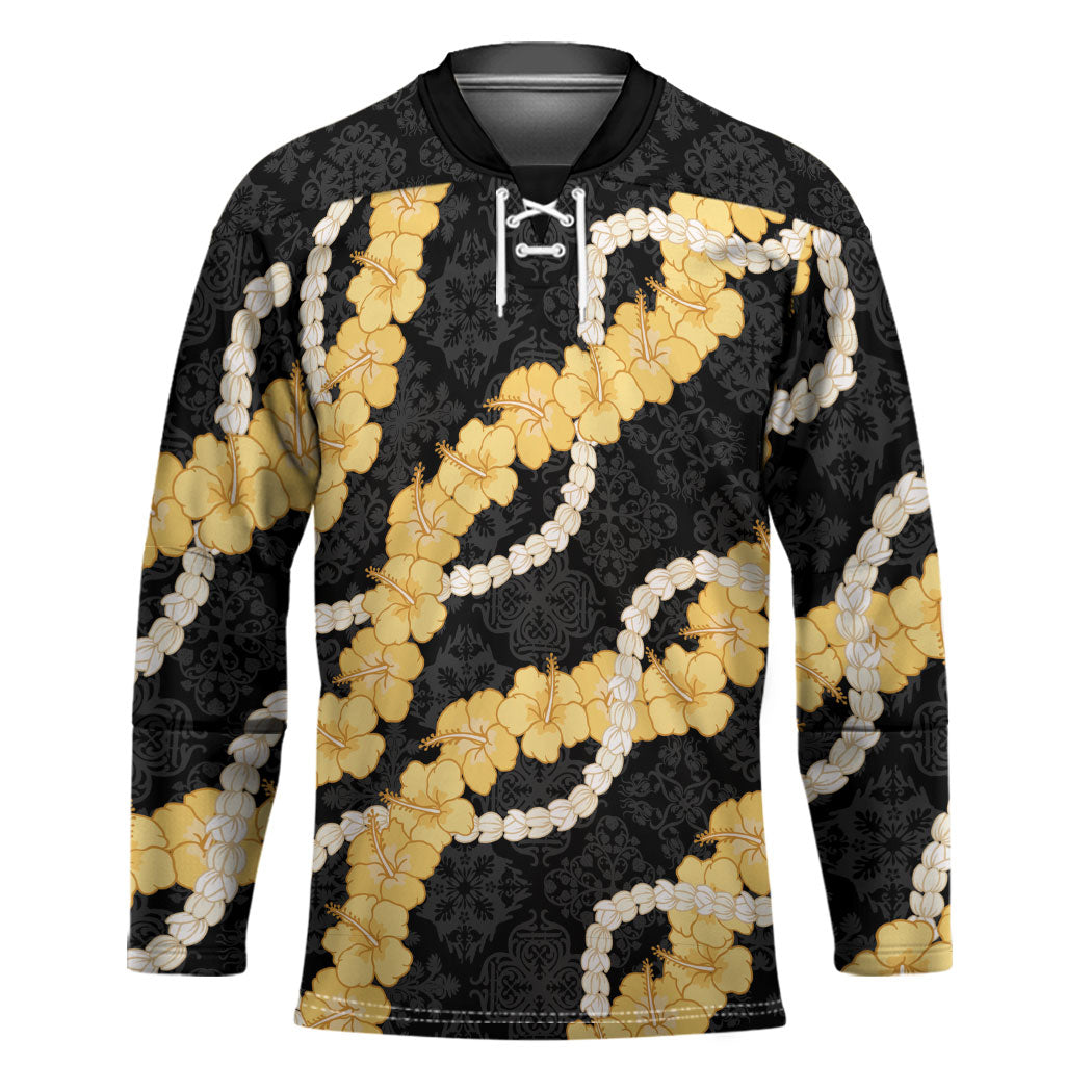 Aloha Melemele Hibiscus Pikake Lei Hockey Jersey Hawaiian Quilt Pattern LT9 Unisex Black - Polynesian Pride