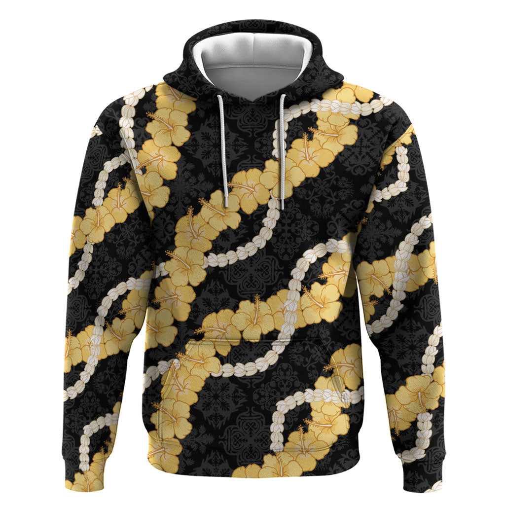 Aloha Melemele Hibiscus Pikake Lei Hoodie Hawaiian Quilt Pattern LT9 Pullover Hoodie Black - Polynesian Pride