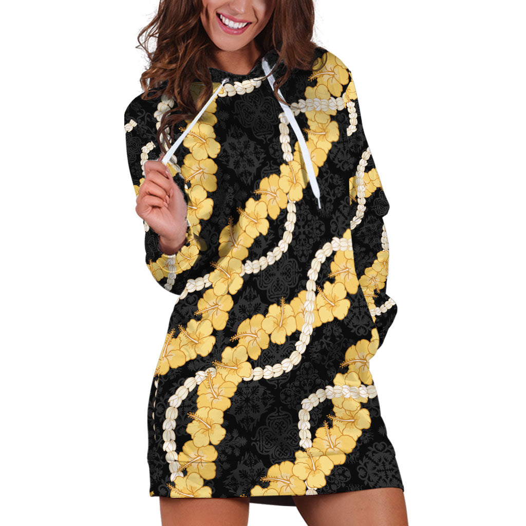 Aloha Melemele Hibiscus Pikake Lei Hoodie Dress Hawaiian Quilt Pattern LT9 Black - Polynesian Pride