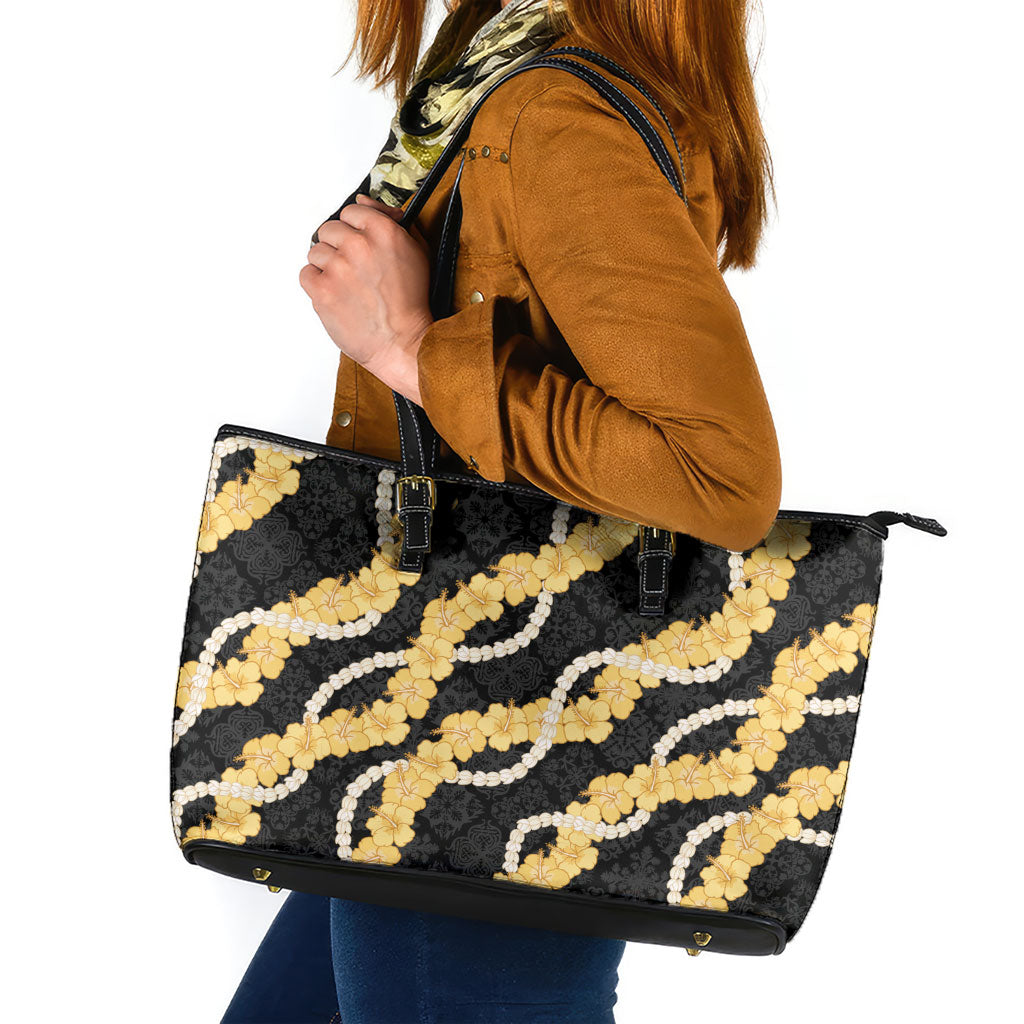 Aloha Melemele Hibiscus Pikake Lei Leather Tote Bag Hawaiian Quilt Pattern LT9 Black - Polynesian Pride