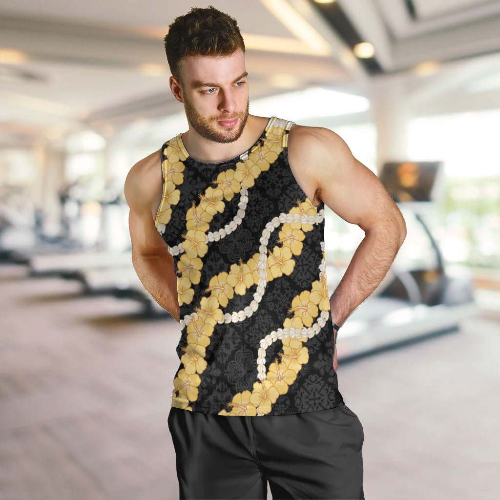Aloha Melemele Hibiscus Pikake Lei Men Tank Top Hawaiian Quilt Pattern LT9 Black - Polynesian Pride