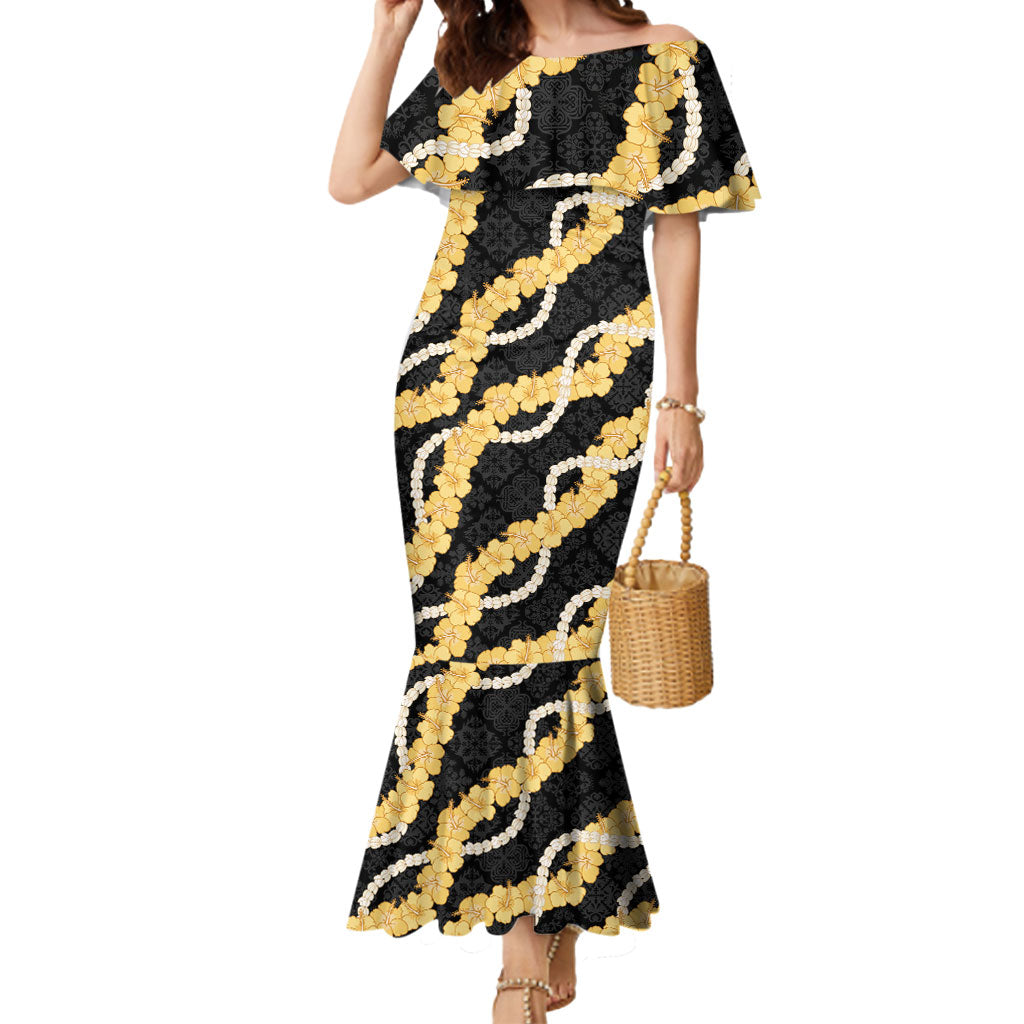 Aloha Melemele Hibiscus Pikake Lei Mermaid Dress Hawaiian Quilt Pattern LT9 Women Black - Polynesian Pride