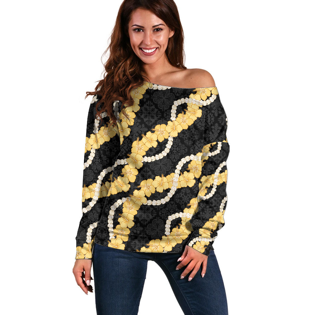 Aloha Melemele Hibiscus Pikake Lei Off Shoulder Sweater Hawaiian Quilt Pattern LT9 Women Black - Polynesian Pride