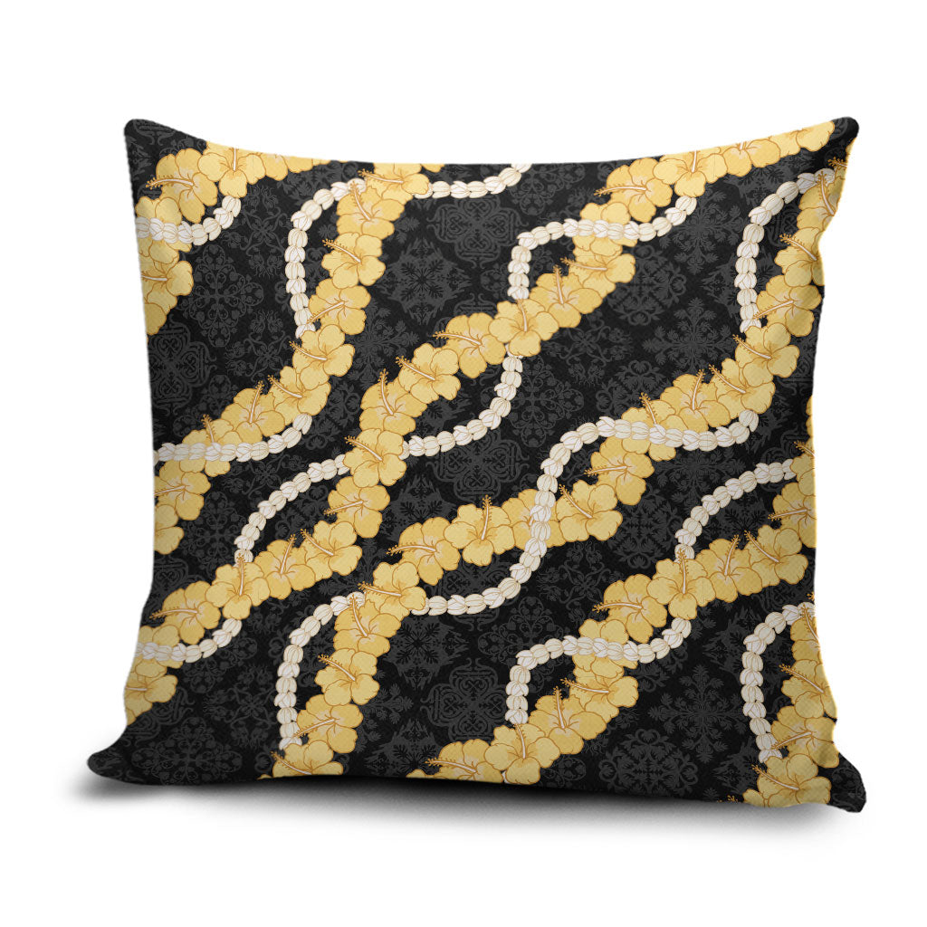 Aloha Melemele Hibiscus Pikake Lei Pillow Cover Hawaiian Quilt Pattern LT9 Black - Polynesian Pride