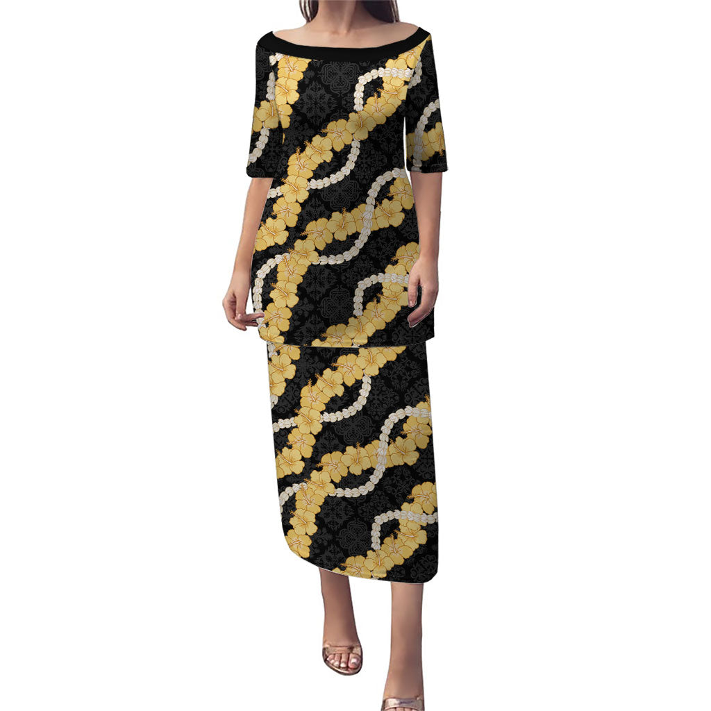 Aloha Melemele Hibiscus Pikake Lei Puletasi Hawaiian Quilt Pattern LT9 Long Dress Black - Polynesian Pride