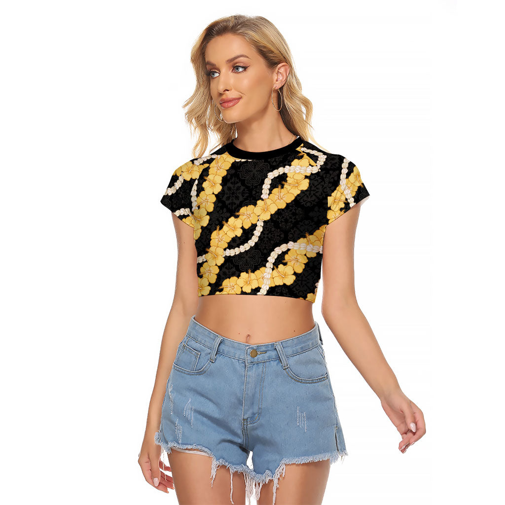 Aloha Melemele Hibiscus Pikake Lei Raglan Cropped T Shirt Hawaiian Quilt Pattern LT9 Female Black - Polynesian Pride