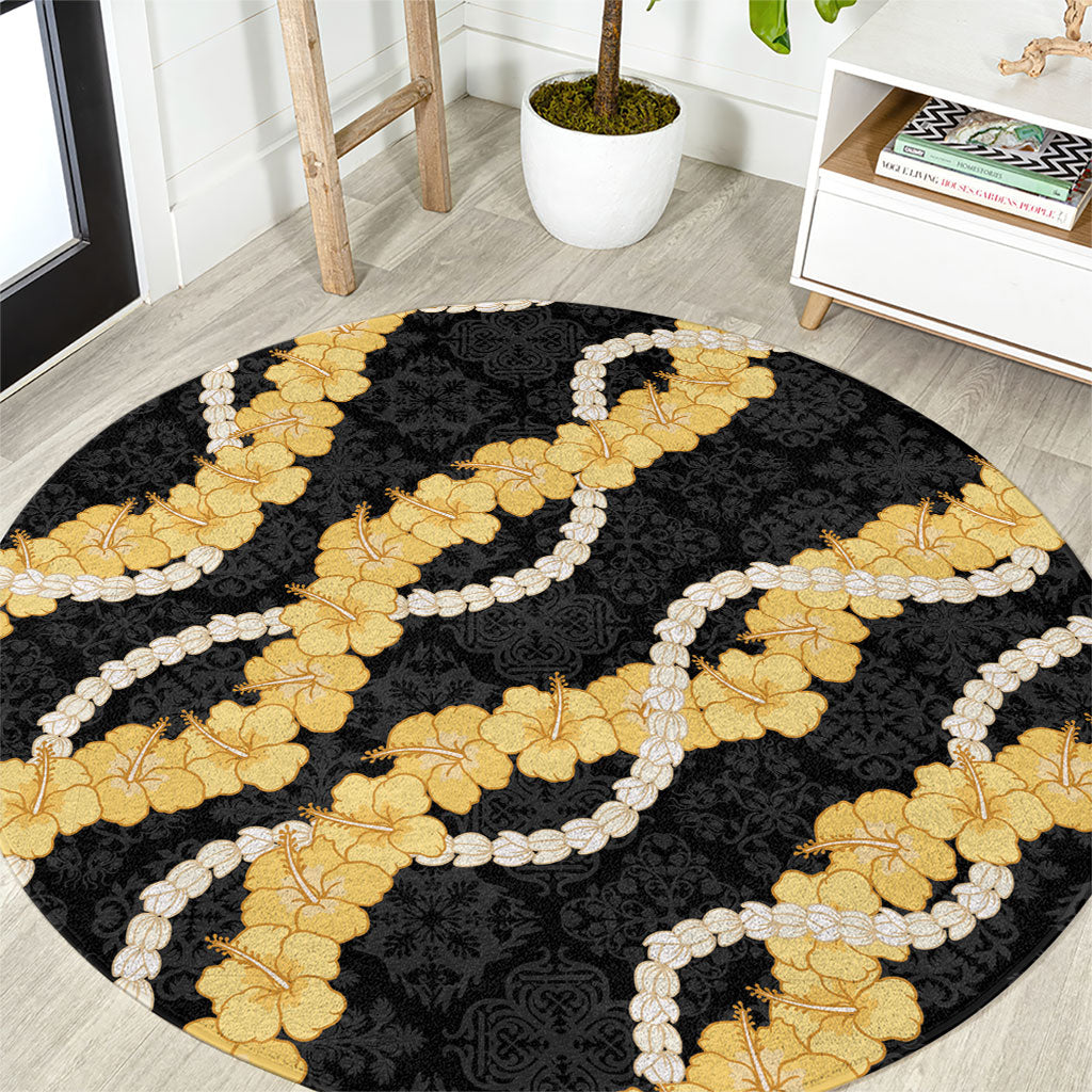 Aloha Melemele Hibiscus Pikake Lei Round Carpet Hawaiian Quilt Pattern LT9 Black - Polynesian Pride