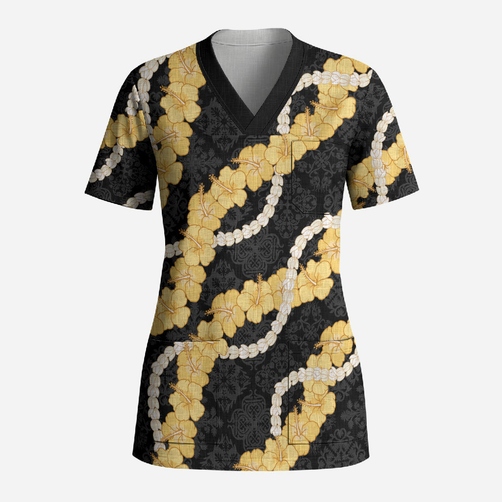 Aloha Melemele Hibiscus Pikake Lei Scrub Top Hawaiian Quilt Pattern LT9 Adult Black - Polynesian Pride