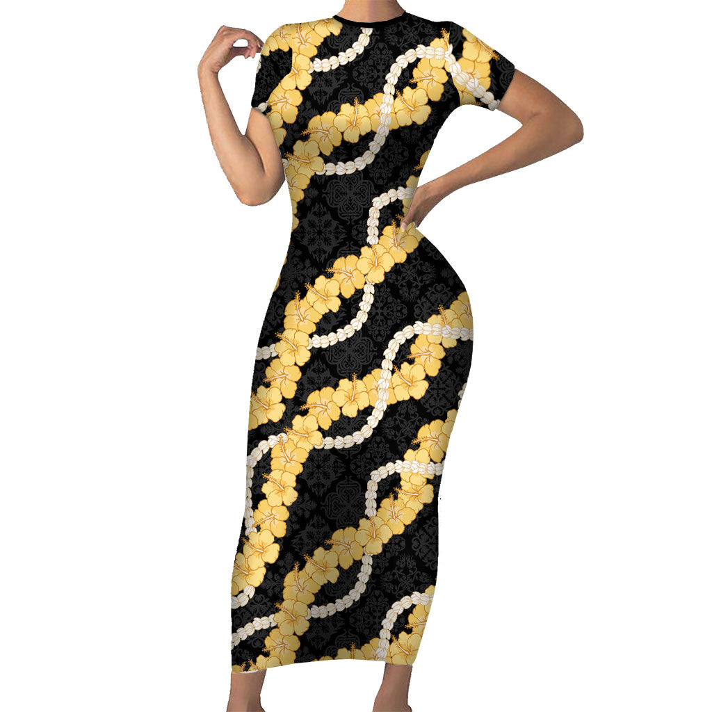 Aloha Melemele Hibiscus Pikake Lei Short Sleeve Bodycon Dress Hawaiian Quilt Pattern LT9 Long Dress Black - Polynesian Pride