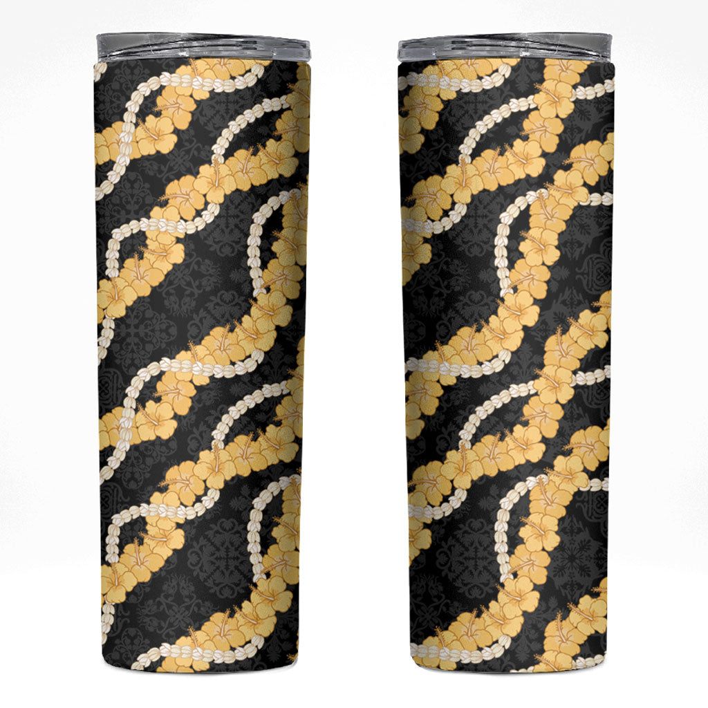 Aloha Melemele Hibiscus Pikake Lei Skinny Tumbler Hawaiian Quilt Pattern LT9 Black - Polynesian Pride