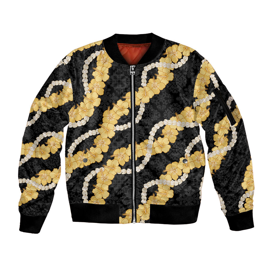 Aloha Melemele Hibiscus Pikake Lei Sleeve Zip Bomber Jacket Hawaiian Quilt Pattern LT9 Unisex Black - Polynesian Pride