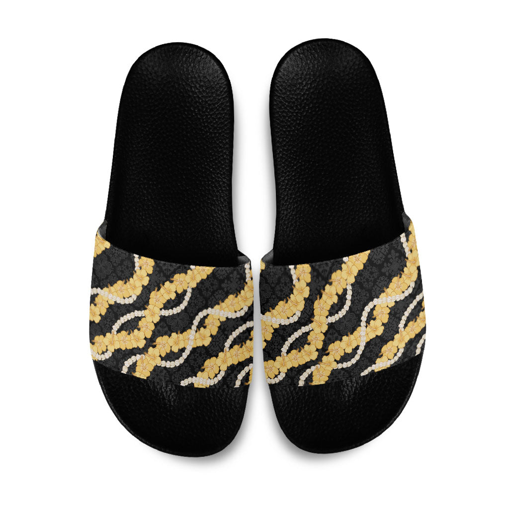 Aloha Melemele Hibiscus Pikake Lei Slide Sandals Hawaiian Quilt Pattern LT9 Black - Polynesian Pride