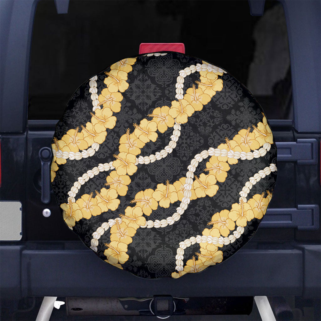 Aloha Melemele Hibiscus Pikake Lei Spare Tire Cover Hawaiian Quilt Pattern LT9 No hole Black - Polynesian Pride