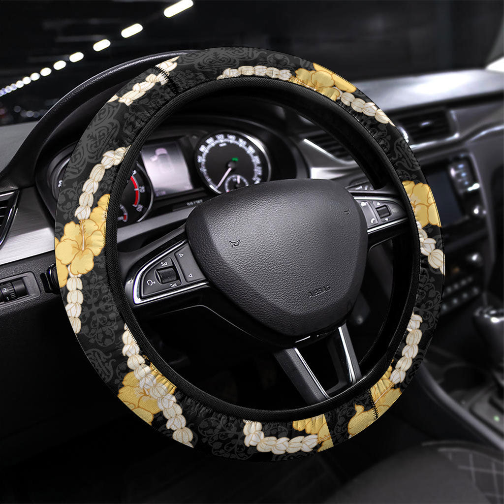Aloha Melemele Hibiscus Pikake Lei Steering Wheel Cover Hawaiian Quilt Pattern LT9 Universal Fit Black - Polynesian Pride
