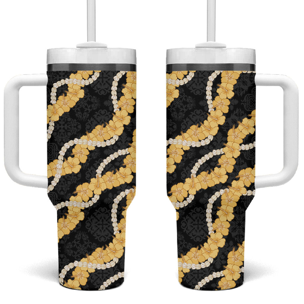 Aloha Melemele Hibiscus Pikake Lei Tumbler With Handle Hawaiian Quilt Pattern LT9 One Size: 40 oz Black - Polynesian Pride