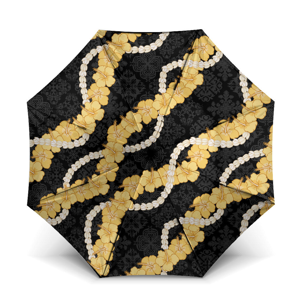 Aloha Melemele Hibiscus Pikake Lei Umbrella Hawaiian Quilt Pattern LT9 One Size Folded 11.42 inch Opened Diameter 37.4 inch Black - Polynesian Pride