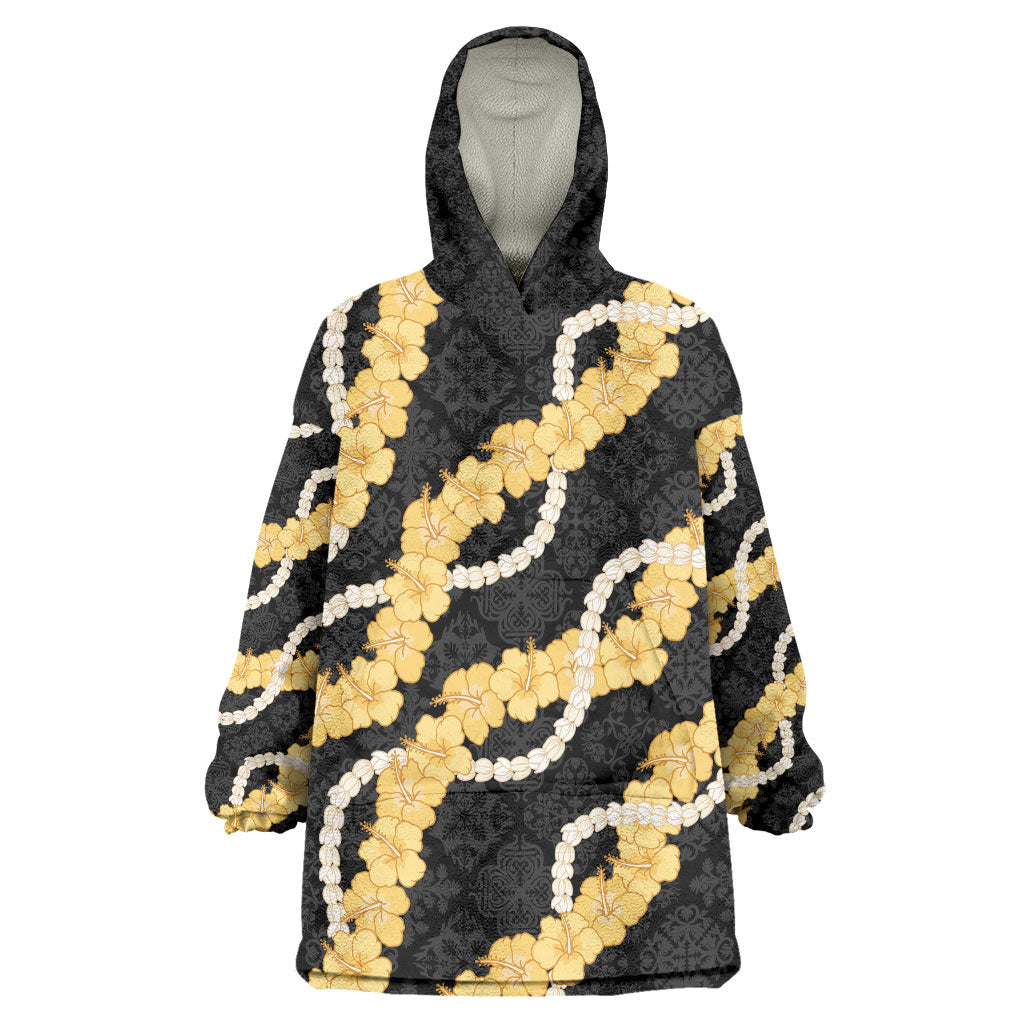 Aloha Melemele Hibiscus Pikake Lei Wearable Blanket Hoodie Hawaiian Quilt Pattern LT9 One Size Black - Polynesian Pride