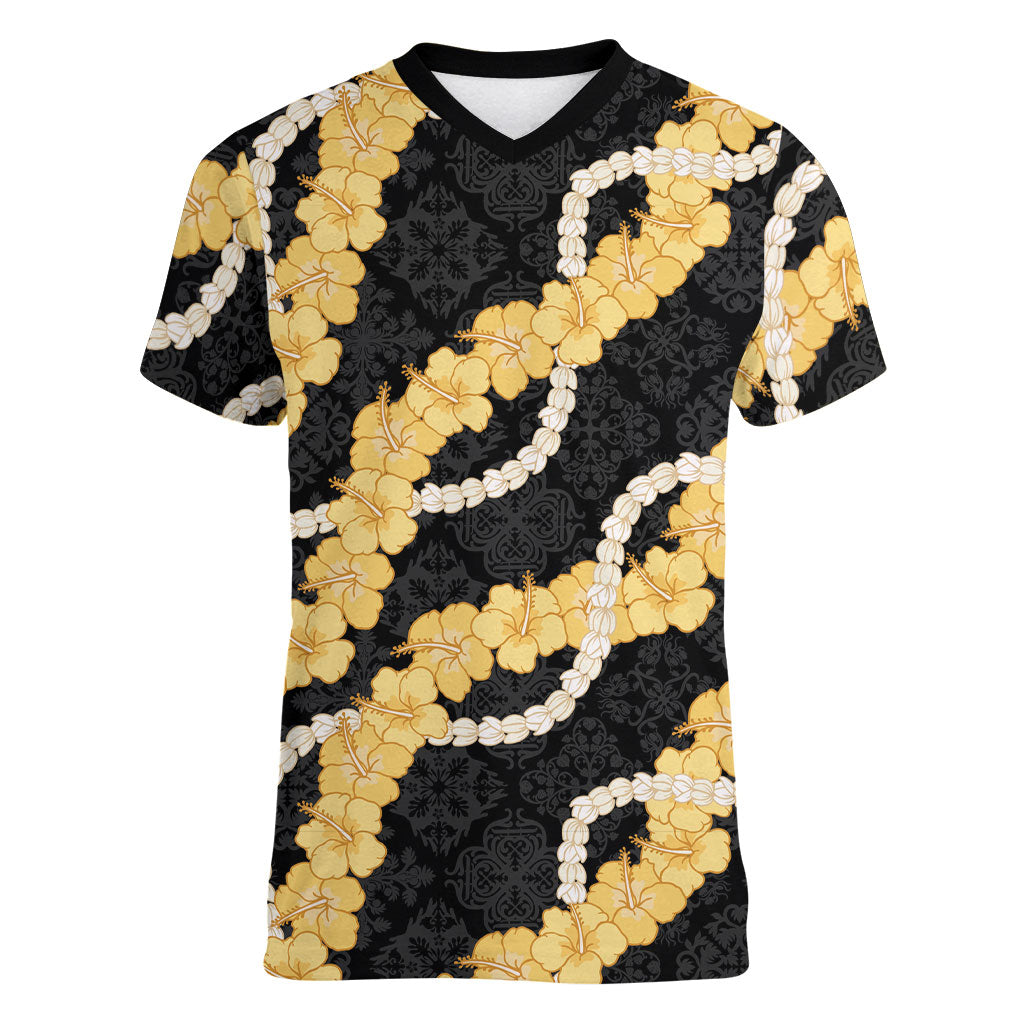 Aloha Melemele Hibiscus Pikake Lei Women V-Neck T-Shirt Hawaiian Quilt Pattern LT9 Female Black - Polynesian Pride
