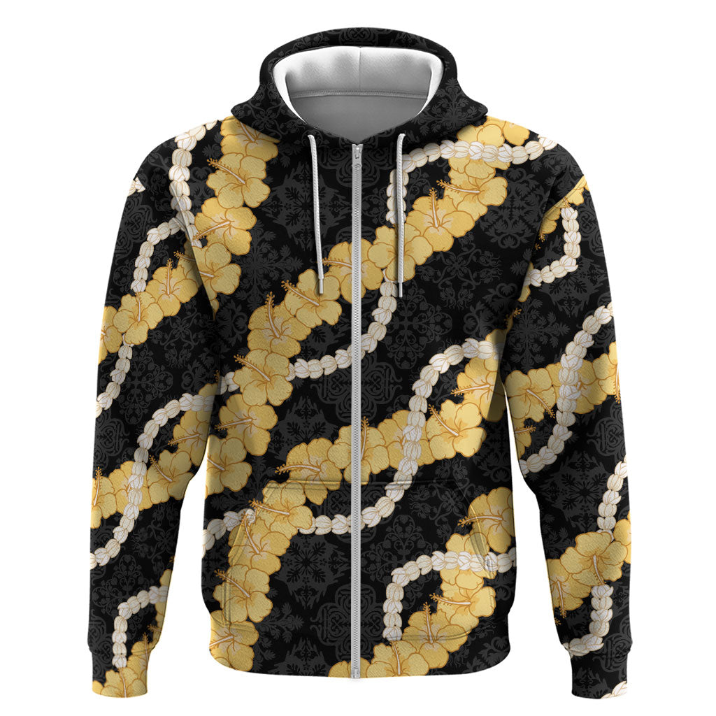 Aloha Melemele Hibiscus Pikake Lei Zip Hoodie Hawaiian Quilt Pattern LT9 Zip Hoodie Black - Polynesian Pride