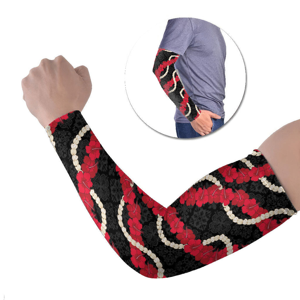 Aloha Ula'ula Hibiscus Pikake Lei Arm Sleeves Hawaiian Quilt Pattern LT9 Set of 2 Black - Polynesian Pride