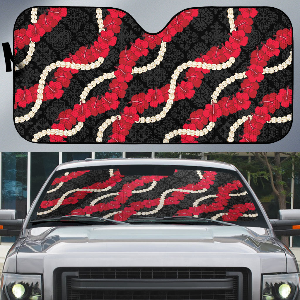 Aloha Ula'ula Hibiscus Pikake Lei Auto Sun Shade Hawaiian Quilt Pattern LT9 Black - Polynesian Pride