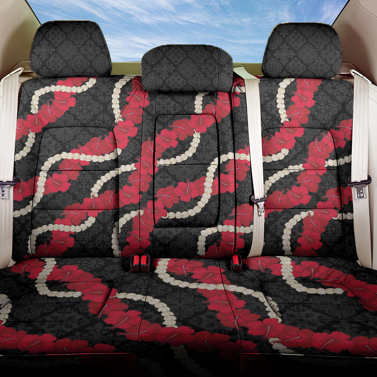 Aloha Ula'ula Hibiscus Pikake Lei Back Car Seat Cover Hawaiian Quilt Pattern LT9 One Size Black - Polynesian Pride