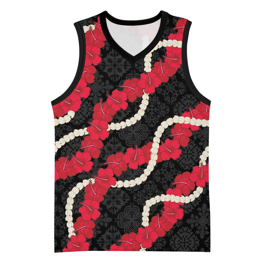 Aloha Ula'ula Hibiscus Pikake Lei Basketball Jersey Hawaiian Quilt Pattern LT9 Unisex Black - Polynesian Pride