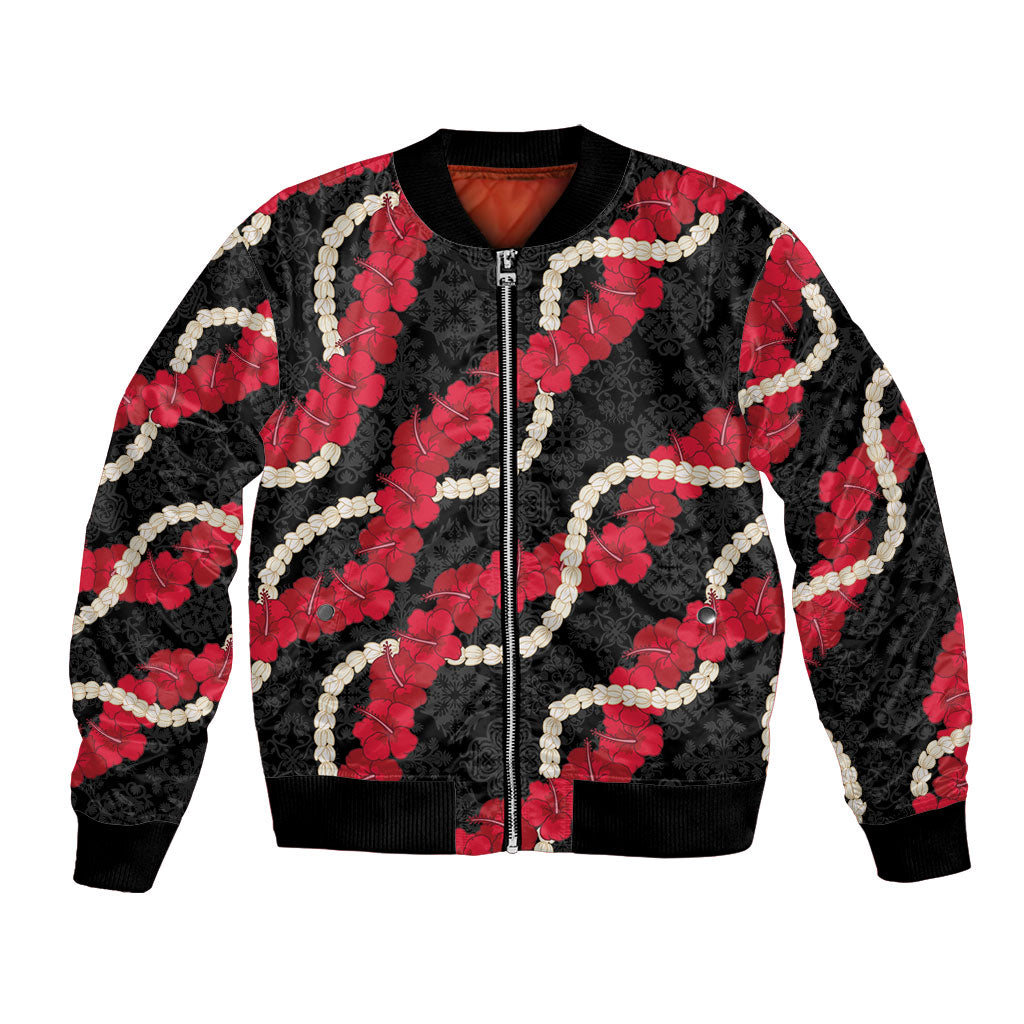 Aloha Ula'ula Hibiscus Pikake Lei Bomber Jacket Hawaiian Quilt Pattern LT9 Unisex Black - Polynesian Pride