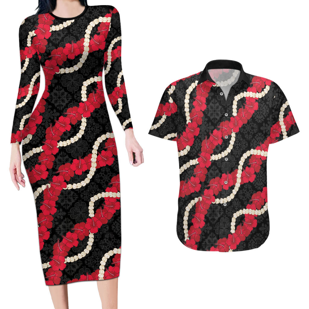 Aloha Ula'ula Hibiscus Pikake Lei Couples Matching Long Sleeve Bodycon Dress and Hawaiian Shirt Hawaiian Quilt Pattern LT9 Black - Polynesian Pride