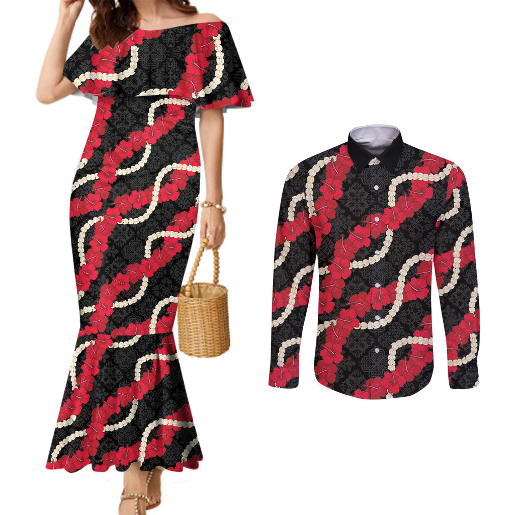 Aloha Ula'ula Hibiscus Pikake Lei Couples Matching Mermaid Dress and Long Sleeve Button Shirt Hawaiian Quilt Pattern LT9 Black - Polynesian Pride