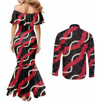 Aloha Ula'ula Hibiscus Pikake Lei Couples Matching Mermaid Dress and Long Sleeve Button Shirt Hawaiian Quilt Pattern